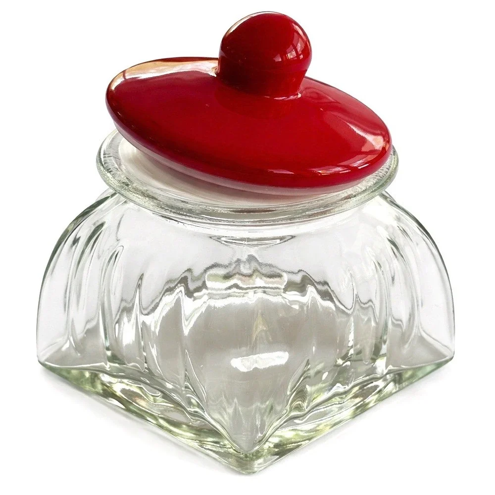 VTG MCM Clear Glass Apothecary Canister Ruby Red Ceramic Lid Cottagecore Style